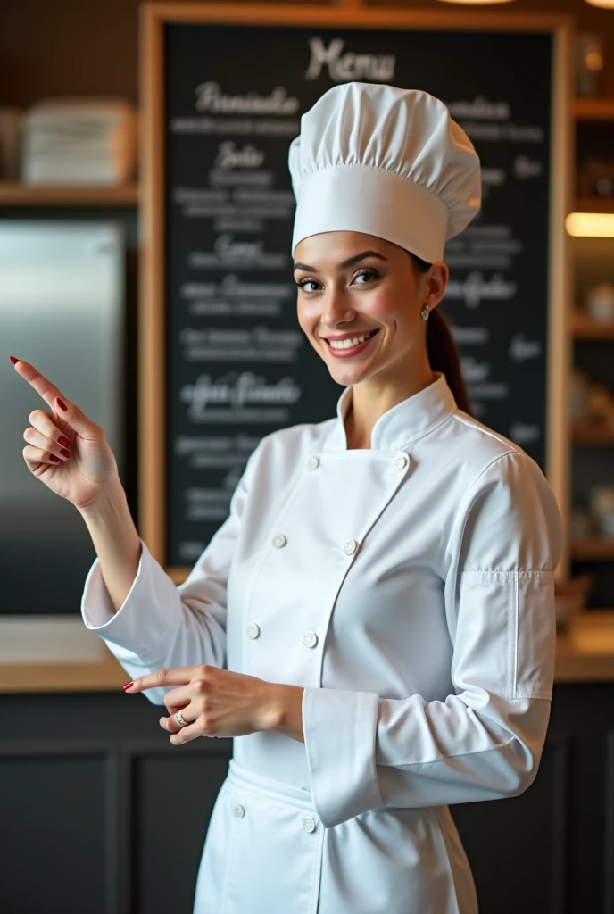 A female chef, confidence, with hand sign okay, smiling, wearing chef hat