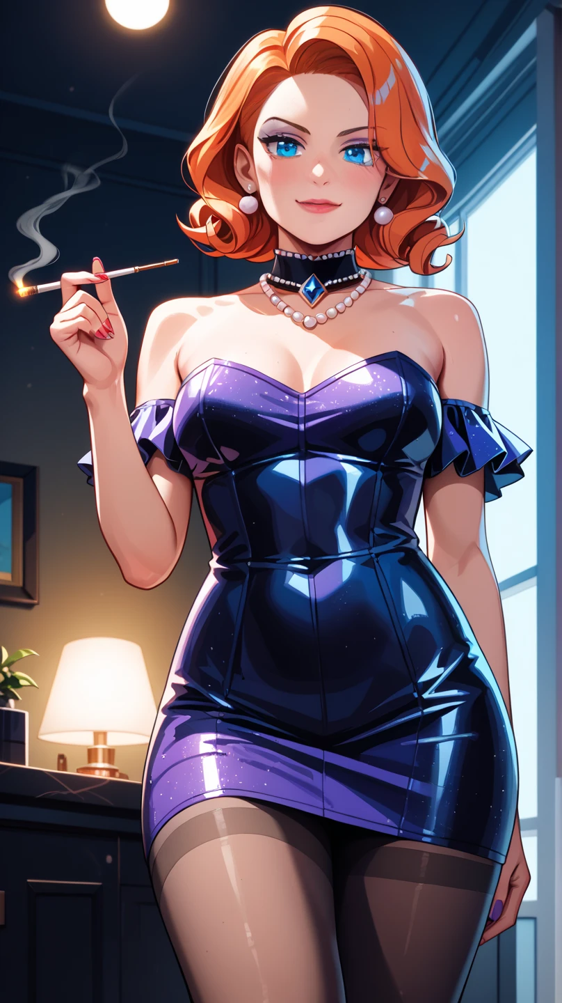 1 mature beautiful woman,(Highest quality,Extremely detailed depiction,Incredibly absurd high resolution,Anatomically accurate depiction,Curvy Legs,Detailed pupil),(Glowing Skin,Shiny skin),(Bewitching Hostess),(Bodycon, Micro Dress,Black Pantyhose),eyelash,(Pink Eyes,Sidelong glance,There is cleavage in the chest,A seductive smile,Glossy Lips,Flashy makeup,eye shadow,eyeliner,mascara,Seductive gestures),Luxury accessories,Earrings,necklace,Bracelet,whole body,background:Inside the room,