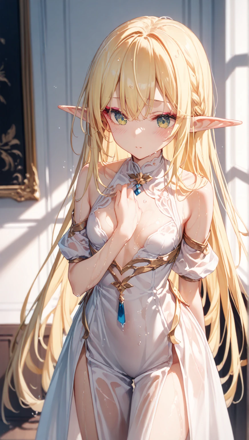 The elf is very beautiful, her body is slim and toned, His skin and hair are white with gold tones., His eyes are golden with a beautiful shine., his countenance is very attractive, her hair short but well combed, Her legs are slim and toned and her hands look very delicate both physically and mentally..