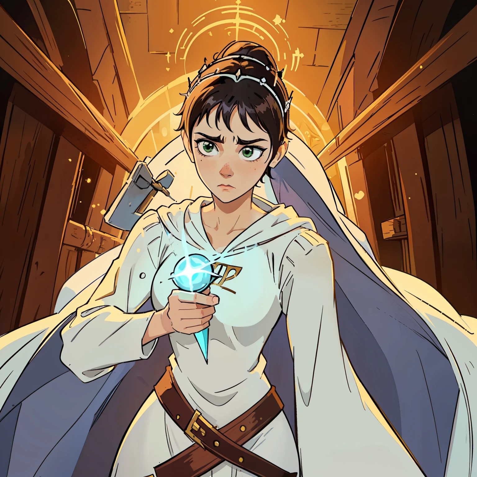 A beautiful woman with green eyes and brown hair is a sorceress Wizard dressed in white and gold robes Noble robes A princess of magic and a tired look ((gritando furiosa)), is rubber. ((Enrojecida)) dramatic wooden wallpaper An art for an RPG A medieval art for an RPG