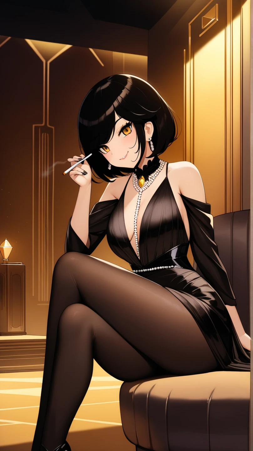 1920's woman with short black hair, with 1920's casino clothes in a 1920's casino smoking a stick cigarette. Black Hair. 1920's Casino Clothes