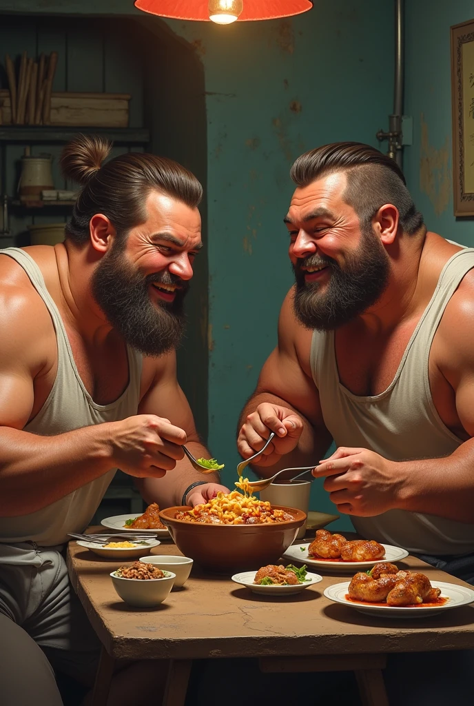 Cannibals eating a young skinny bald man who has glasses and a beard