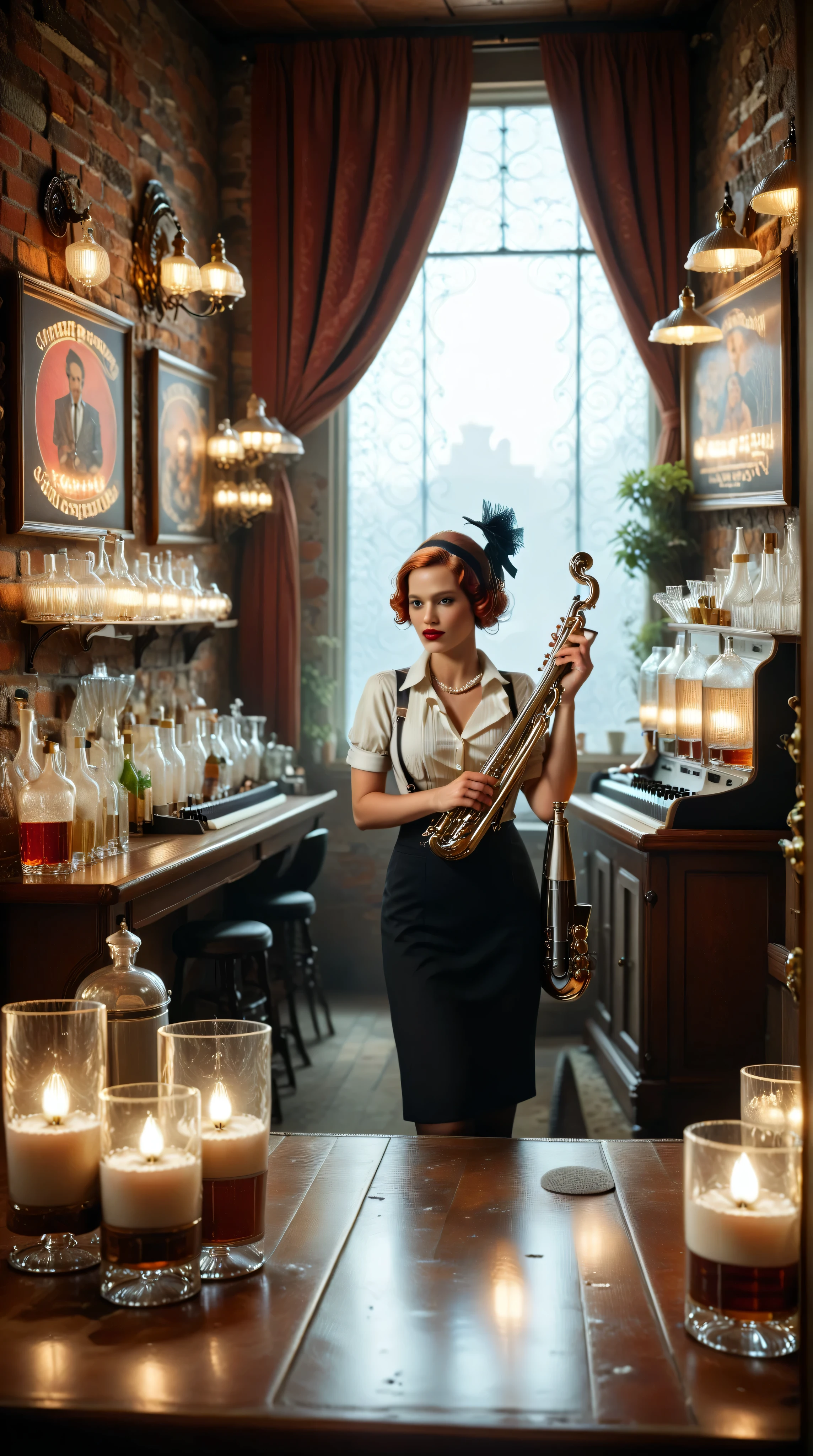 A secret 1920s speakeasy hidden behind a bookshelf door, dimly lit with warm golden and crimson lights. Brick walls covered with vintage jazz posters, velvet curtains, and dark wooden furniture. A jazz band on stage plays trumpet, upright bass, and saxophone, while sharply dressed men in three-piece suits and women in flapper dresses, feathered headbands, and long pearl necklaces drink whiskey and dance. A bartender in suspenders and a fedora polishes glasses behind an ornate bar with crystal decanters and old cash register. The air is hazy with cigar smoke, and a gramophone plays in the background. Art Deco design elements blend with Film Noir aesthetics. Candlelight flickers on each table. Shot from a slightly elevated wide-angle perspective. Highly detailed, realistic style with deep shadows, rich textures, and a nostalgic mood. Suitable for a moody, cinematic, high-resolution digital painting.