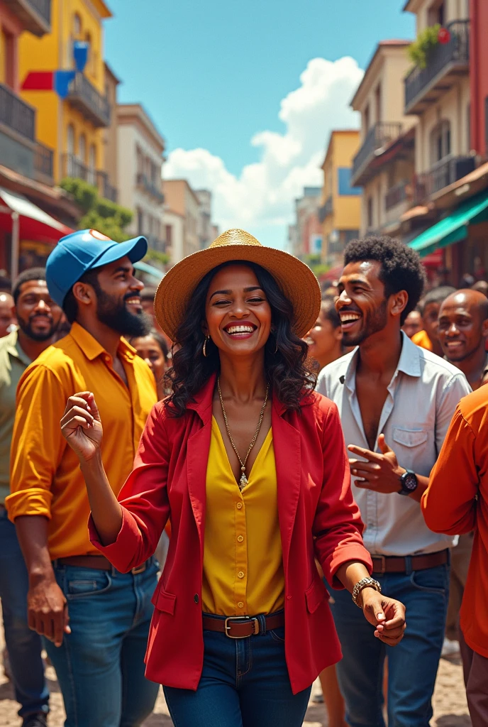 a happy group of people walking on the Angola streets, extremely detailed, photorealistic, vibrant colors, warm lighting, beautiful architecture in the background, intricate details, cinematic composition, dynamic movement, high quality, masterpiece