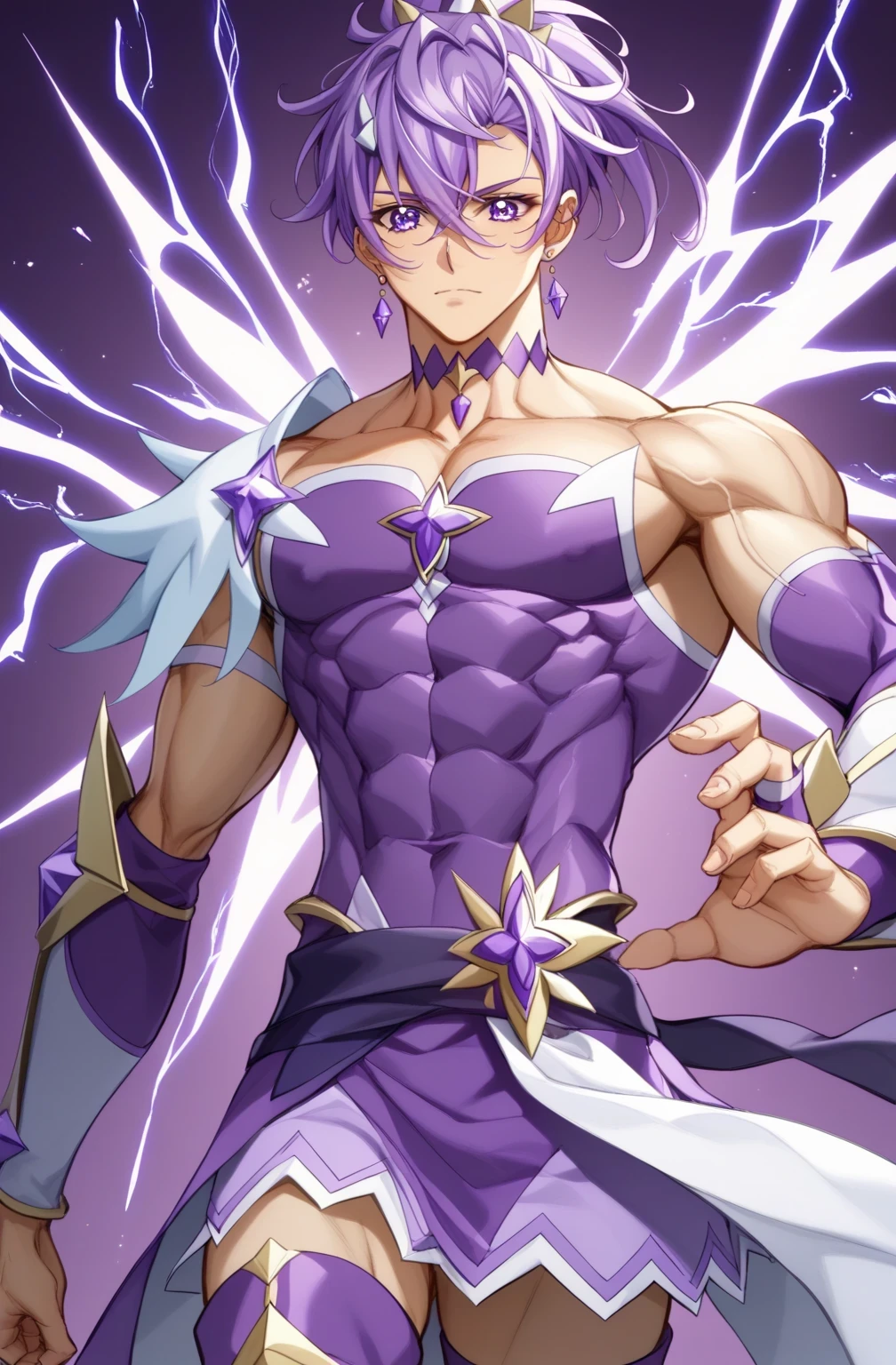 score 9 、score 8 up、score 7 up、source anime、masterpiece、Highest Quality、high resolution、anime coloring、1boy、cure sword、(male:1.5)、Boy character with purple hair、high short ponytail hair、spade shape hair ornament、solo、portrait of Magic Boy、boy in purple dress、isolated、Long Legged 、Heavenly Aura、Lightning Aura、purple miniskirt、collarbone、trapezius、 purple arm warmers、white and purple detached sleeves、purple waist bow、Bare Thighs、purple thigh high boots、 Symphogear Flavor 、 Boy with Short Light Purple Hair 、 Prince of Amethysts 、Official Character Art、style of Magic Boy、masculinization、Magic Boy、Anime Boys、official art、high resolution、perfect costume、sparkling Magic Boy、(manly:1.5)、With Sparkling Purple Eyes 、perfect body、trapezius、perfect hands、perfect arms、perfect legs、thigh muscles、semitendinosus muscles、covered hamstrings、covered adductor magnus muscles、 male focus、looking at viewer、solo focus、Cowboy Shot、(male body:1.5)、beefcake style、purple background、