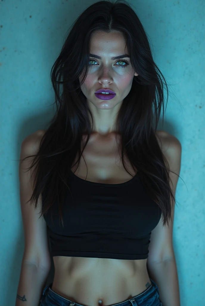 full face portrait photo, BROWN EYES ((detailed facial features)), (finely detailed skin), pale skin, (in a sexy highly detailed deep neckline, neon lights, skyscrapers), (shirtless), ((in the gym)), soft natural light, wet skin, cyberpunk megacity environment, (cool colors), damp, reflections, (masterpiece) (perfect proportion), (realistic photo), (best quality), (detailed) photographed on a Canon EOS R5,   50mm lens, F/2.8, HDR, (8k) (wallpaper) (cinematic lighting) (dramatic lighting) (sharp focus) (intricate), RAW photo, RAW photo, gigachad photo, posing for camera, black jeans, arms behind, 8k uhd, dslr, high quality, film grain, Fujifilm XT3, extremely detailed, photorealistic, realistic, incredibly absurd, highly detailed, sharp focus, (Professional Studio Lighting), (Professional Color Grading),  Edge Lighting, Dramatic Lighting, Cinematic Lighting, Lumen Reflections, Soft Natural Lighting, Soft Color, Photon Mapping, Radiosity, (Beautiful Eyes), (Detailed Eyes), (Detailed Face), Symmetrical Eyes, Sharp Eyes, Cold Face, Full Body), (HIGH LEVEL OF DETAIL),(Wet, Oil Lubricated), (Athletic body), (sweaty), Thin waist, LOW-CUT breasts, High Detailed Skin, Uncharacterized Texture, Hyper Detailed, Realistic Skin Texture,  Armor, best quality, ultra high res, (photorealistic: 1.4) high resolution, detailed, raw photo, sharp re, by Lee Jeffries Nikon D850 film Stock Photography 4 kodak portra 400 camera f1.6 lens rich colors hyper realistic texture dramatic lighting unrealengine trend in artstation cinestill 800, veins in body, (SEXY body).