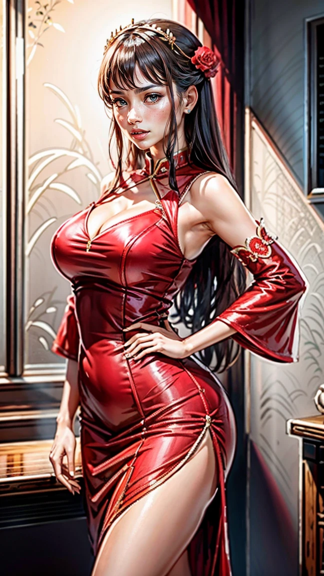 realistic, 1 women, best quality, 12k, HD, long hair, big round breasts, cleavage, ponytail, necklace, jewelry, shorts, short jacket, slim hips, hair tie, yellow eyes, black hair, super detailed, Eye details, hair details, person details, mouth details, face details, breast details, clothes details, hair details, pants details, hand details, whole body