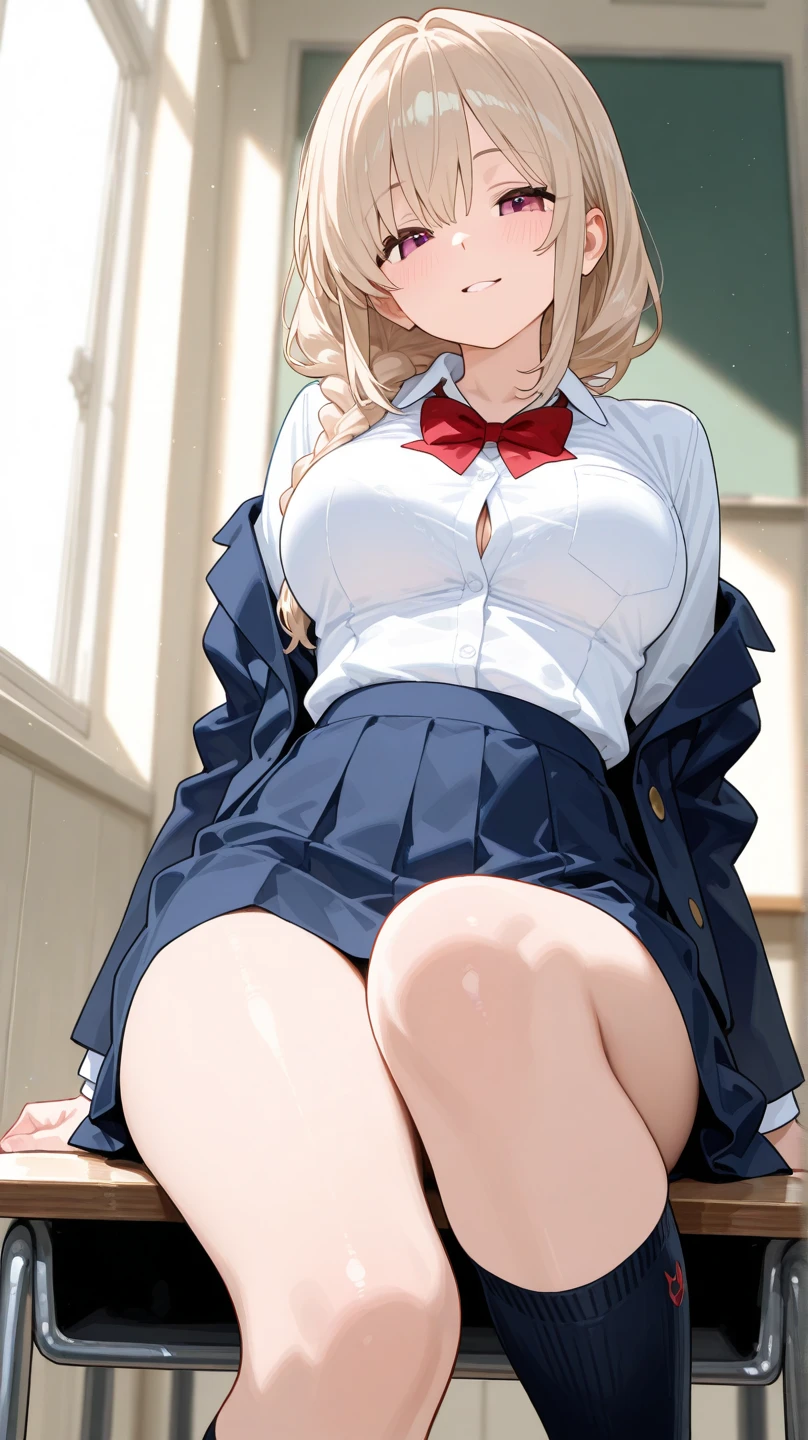 NSFW:1.4, 8k, highest quality, masterpiece, lively, real person, Wallpaper by Unity 8k, school classroom、sit at desk、sit with legs apart、(2 girls) , beautiful eyes, (delicate face) , perfect details, (best lighting) , (超Complexdetailed),、(taken from below:1.5)、Peeking out from under the skirt、cowboy shot、{Low - Angle:1.4}、show pussy、laughter、smiling girl、high , {navy blue blazer:1.2}、{white shirt}、{yellow ribbon}、{gray pleated skirt}、((super big breasts:1.2))、wears a proper uniform、(1 girl),(beautiful eyes、drawn in detail、face every detail、Masterpiece Side Light、masterpiece、highest quality、detailed、High resolution illustrations),delicate makeup, (Close-up:1.2)、throw、soft focus ground bokeh、turn to me and smile,black eye,Half-up hair with short bangs((blondes))), ((high twintaols:1.3), Very detailed, Complex, table top, small ass、thin thighs、Very large breasts、Exposing the breasts、Bare your breasts、blush、Embarrassing、Black Hair、Love juice、love juice、pussy、Passionate kiss、Deep Kiss、Petting、Love each other