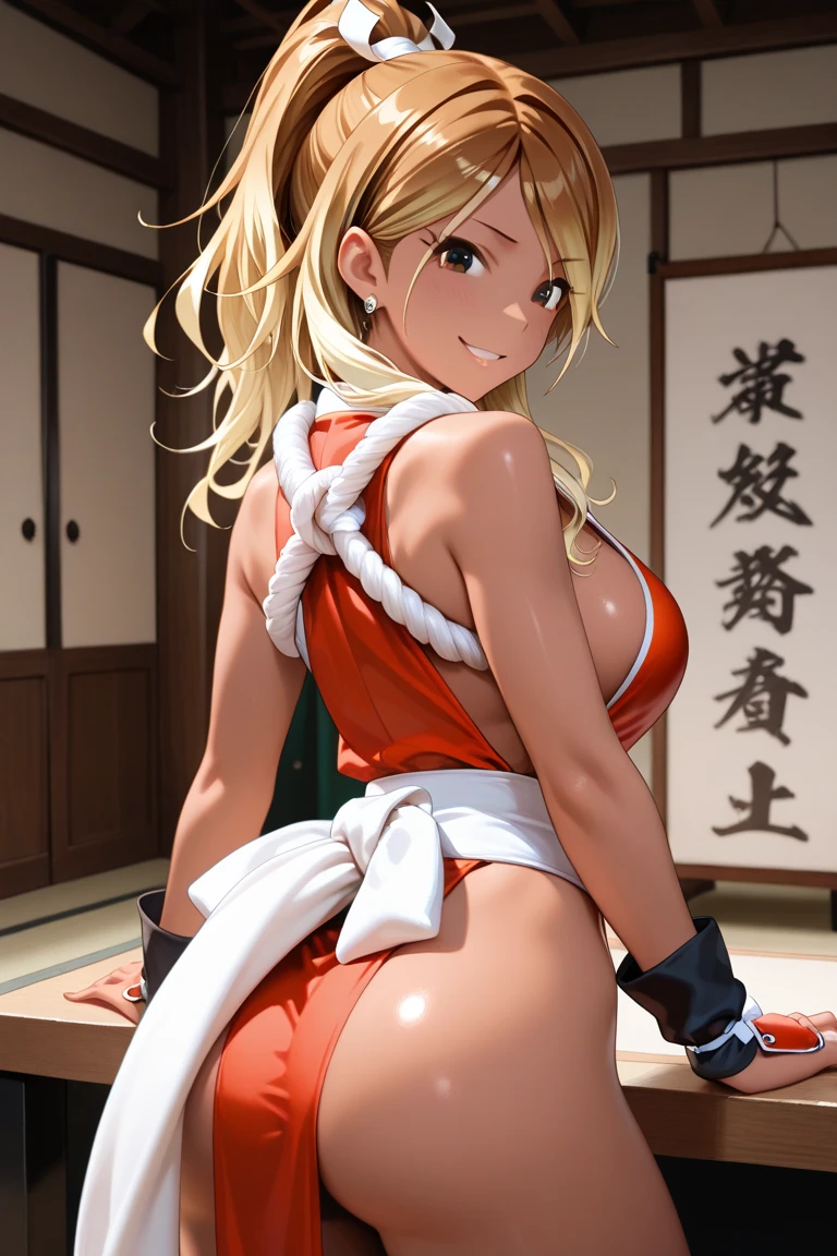 Blonde HAIR,(nsfw:0.7),(RED Ribbon on HAIRband:1.2),masterpiece, best quality, ultra-detailed, kawaii, cute, lovely, sexy, ero, extremely detailed, 4K, 8K, best quality, beautiful, Mai Shiranui, SNK, beautiful blond hair, beautiful red eyes, beautiful eyes, smile,flat chest