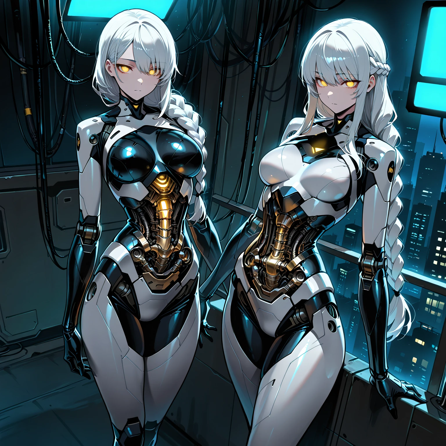 a few super sexy metallic robots are being served by human staff at a science fiction robot resort