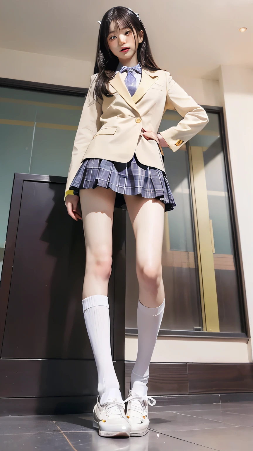 NSFW、super detailed、High resolution、transcendental beauty highest quality、masterpiece、navy high socks、Majimix Real、(Raw photo:1.2)、(Photoreal:1.4)、beauty in beautiful details and delicate expression、blonde、((I can see my))(squat)、earrings、eyelash、sparkling eyes、glossy lips、beautiful and fine eyes、huge file size、、(Japanese girls' high school uniform))、very detailed expression、finely、Highly detailed face movie lighting、14 year old girl、positive、((dynamic pose)))、(open stance))、(Skirt from bottom to top:1.5), pleated skirt、blazer、sexy upper eyes, (Spread your crotch to show your:1.5), (no pantiesー:1.5), (black short hair:1.5), (wet pussy:1.5), (no panties:1.8)、