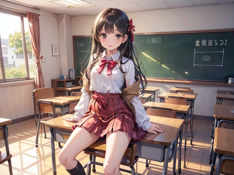 very cute and beautiful girl,(highly detailed beautiful face),white blouse,ribbon,(pleated plaid mini skirt), standing,(skirt lift,white panties),(smile),blush,looking at viewer,black hair,wooden classroom, (best quality,masterpiece:1.0),absurdres,highres,ultra-detailed,extremely detailed,32k,8k resolution, intricate details,cinematic scene,detailed background,solo,dynamic angle,