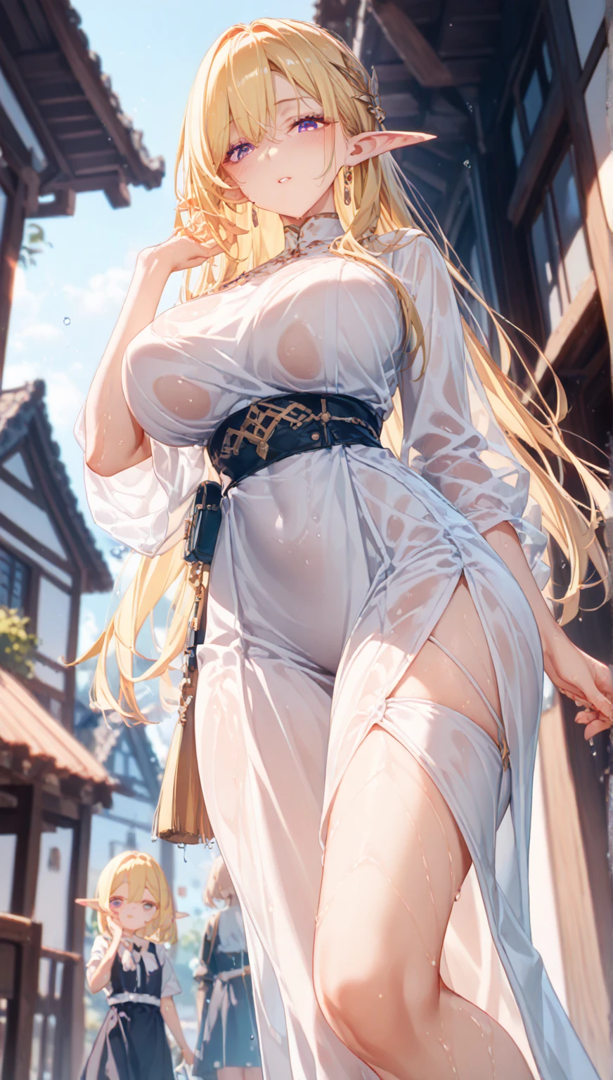 (NSFW:1.5) 、Very detailed、highest quality、Best image quality、masterpiece、8k、Anime Face、(Gentle Eyes)、(Open Mouth)、(Blonde medium-long hair)、(Sparkling Blue Eyes)、(SFW Giant:1.5)、(Thong:1.5)、(Turn your back and look back:1.5)