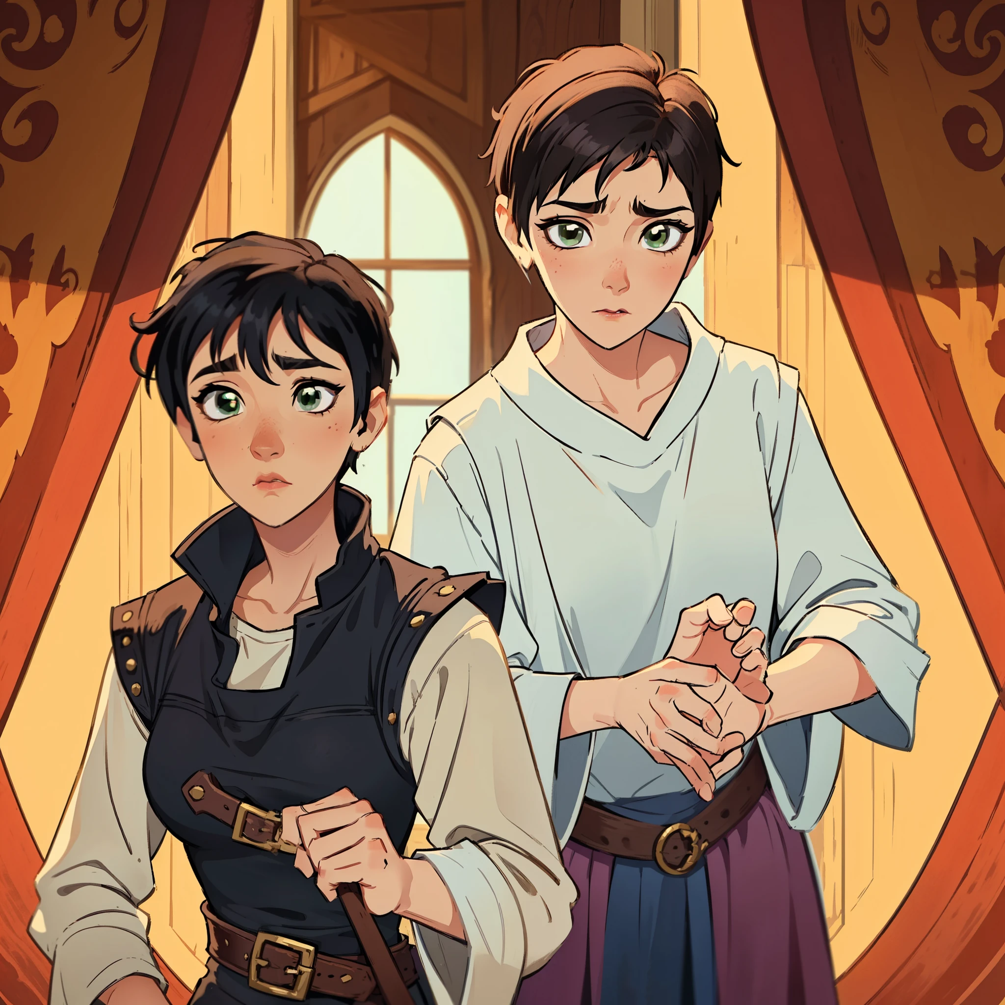 A beautiful woman with green eyes and brown hair is a sorceress Wizard dressed in white and gold robes Noble robes A princess of magic and a tired look ((gritando furiosa)), is rubber. ((Enrojecida)) dramatic wooden wallpaper An art for an RPG A medieval art for an RPG
