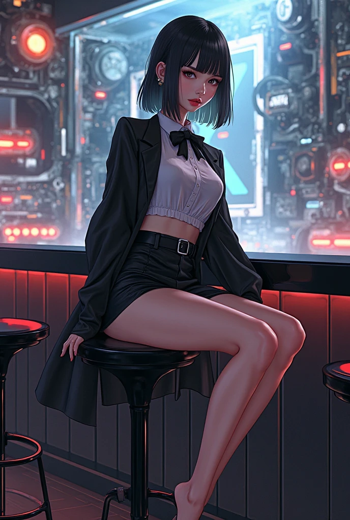 ,1girl,tress,ponytail,canonicals,d cup,watch,long hair,T-shirt,hand touch bosom,Leg ring,high boots,high heels,(stand),(Black hot pants)