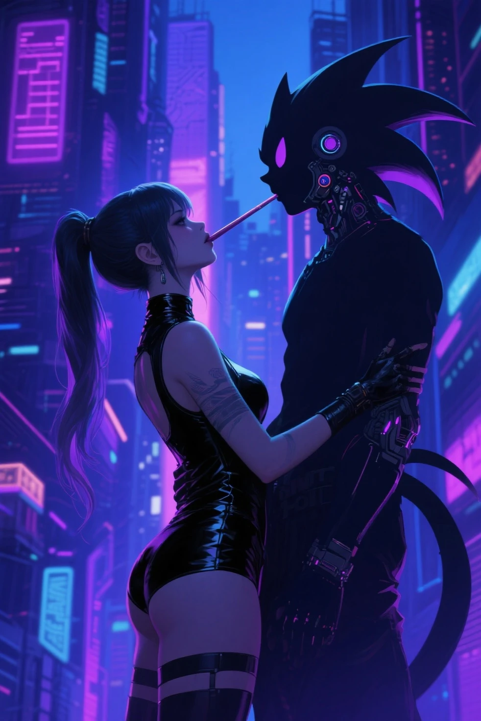 full body anime style illustration of ninja in splash sumi-e ink. round hat cover his face and look mysterious. hi-tech cyberpunk mask,big city and moon as a background. half naked female ninja with worn out cloth