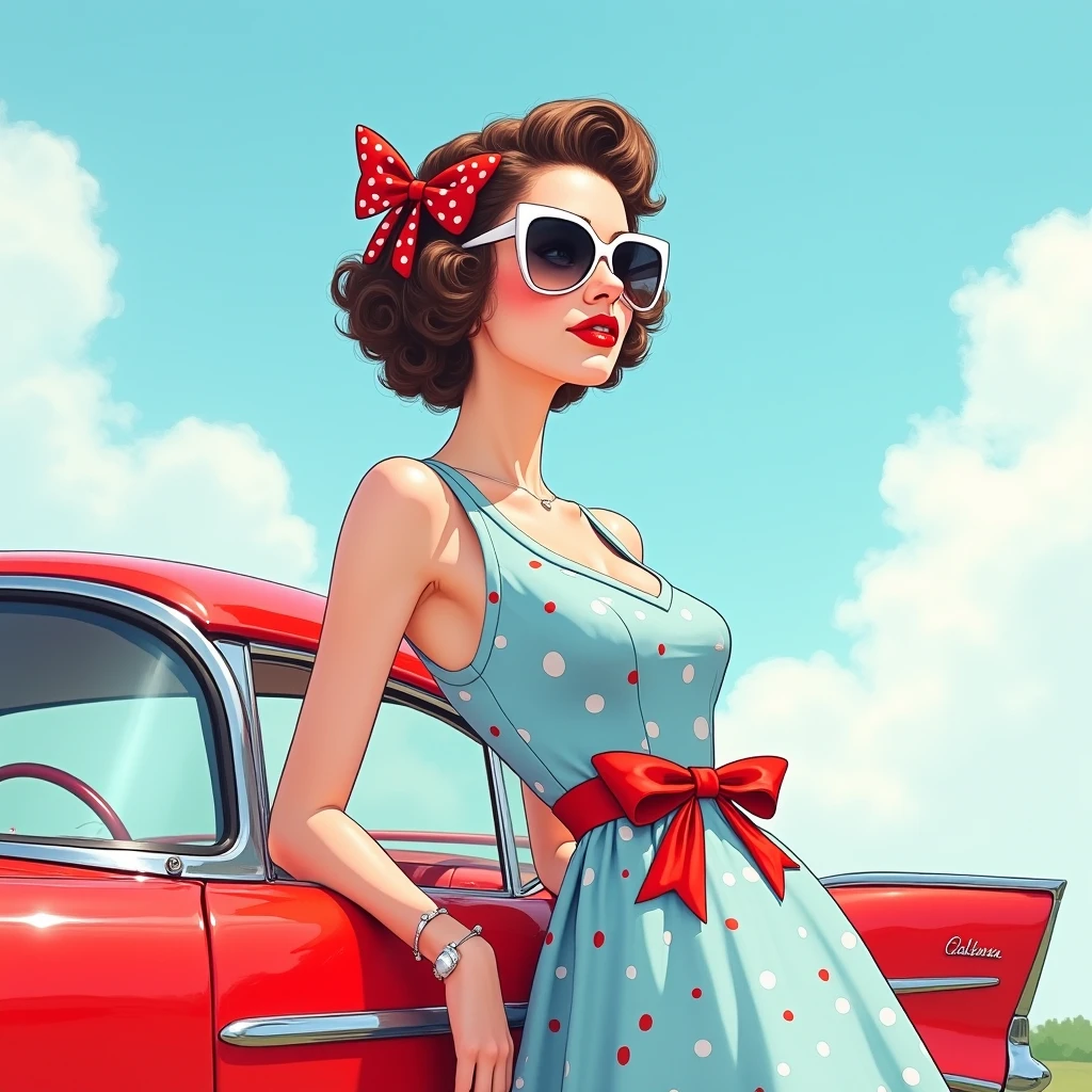 beautiful girl, dress, car road, pin-up painting, ((Art Frahm, Gil Elvgren))