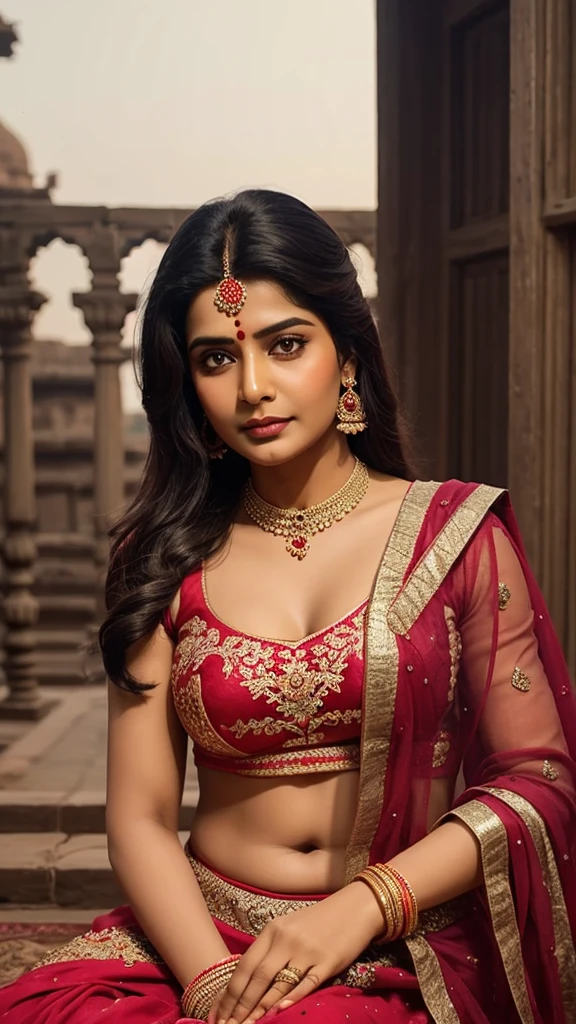Maharani Laxmibai, a vision of stunning beauty, stands with elegant poise and a seductive expression. She has a beautifully balanced, feminine figure with an hourglass silhouette, featuring a larger chest and gracefully shaped hips. Her eyes are captivating and gentle, with a hint of craving, adorned with subtle, traditional makeup that enhances her natural beauty. More slutty like a whore, Dressed in exquisite royal attire, her presence exudes a serene and enchanting allure. Maharani Laxmibai's beauty highlights her feminine charm and grace, embodying the delicate elegance and seductive allure of a royal figure. --- This description emphasizes her feminine beauty, elegance, and the requested details in a respectful manner.