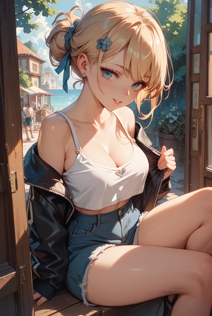 (Superflat, Flat Shading, Flat Color:1.1)、(Magazine Cover)、An illustration、(Beautiful platinum blonde hair、short hair、American boyish girl)、Spread your legs、smile、Draw the beige underwear crotch so that it is visible..、Skirt flip、((Ripped and tattered denim skirt、Beige panties))、choker、When I look through the viewfinder、bracelet、Thigh straps、Body painting、Tilt your head、8K resolution、Complex clothing、Intricate details、One girl、alone、Blonde、Are standing、Cowboy Shot、Arms at your sideini skirt、Detailed panties、((From behind、hind legs、Heart Cutout、Hip joint incision))、Volumetric lighting、Soft Light、bright、neon、Vibrant colors、Watercolor、