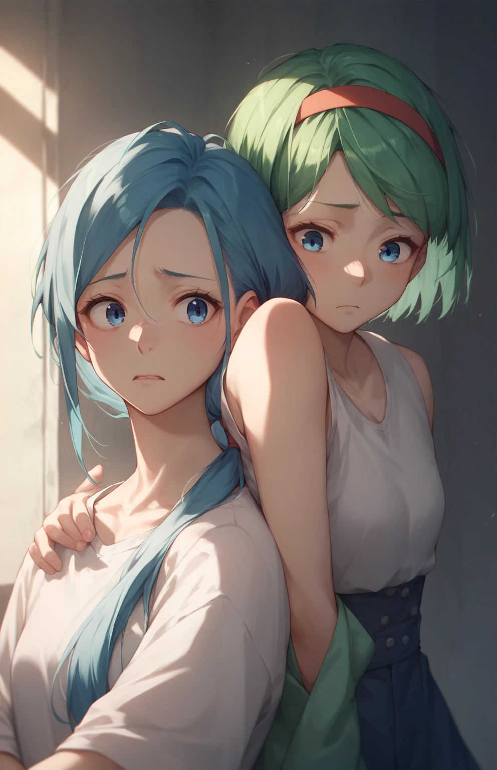 (masterpiece, highres, high resolution:1.2), anime 20 yo girl, portrait, shoulders up, illustration. drawn, blue hair woman, green eyes, blushing, solo, sad, sad face, freckles, big lips, huge breasts, perfect body, wearing a turtleneck sweater, anime girl, visible , visible nipples, shirt lift