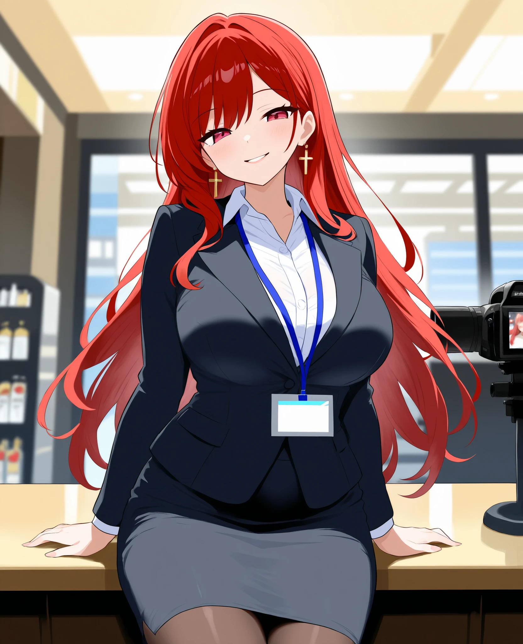 beauty Married Woman 0 red hair long hair attractive glamour office lady supervised by camera tight skirt at Haneda Airport sexy nasty expression smile side angle cross your legs Cowboy Shot sitting at the bar counter