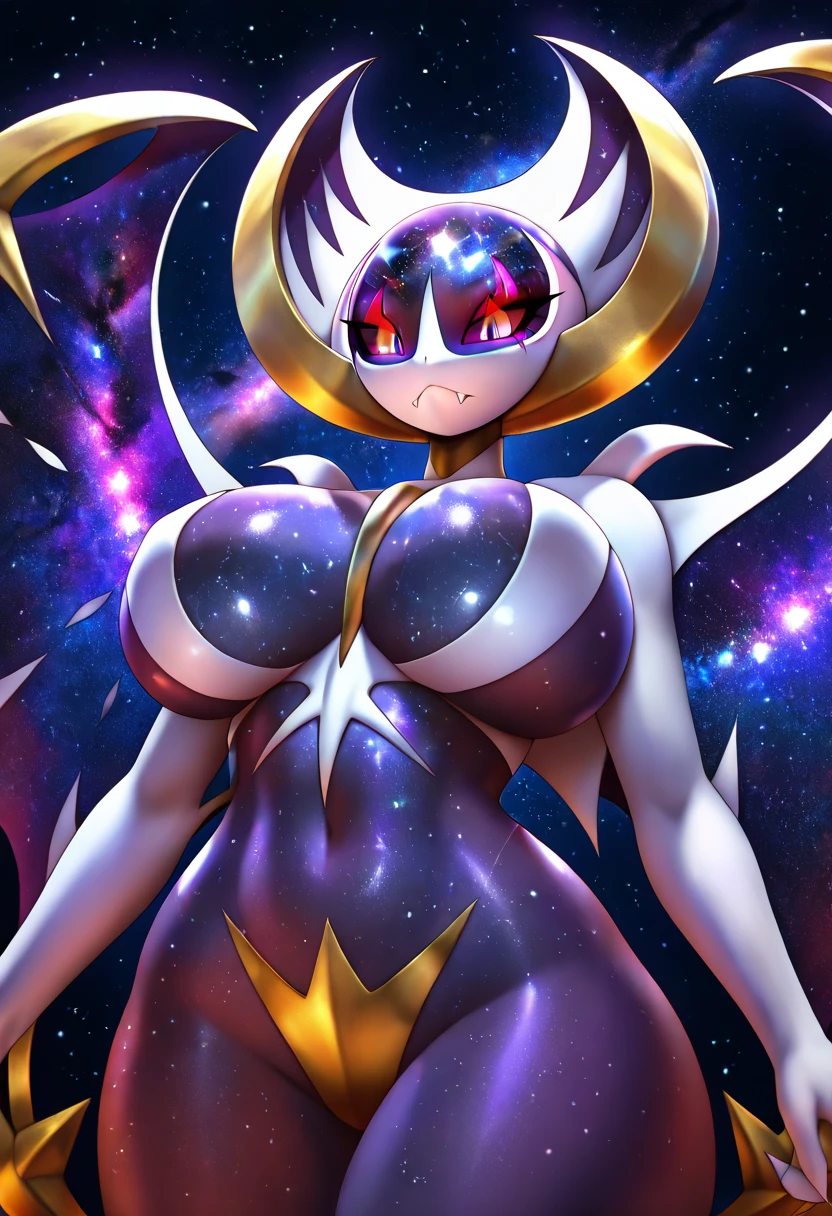 Desco, red eyes, pointy ears, short purple hair, cowboy shot, expressionless eyes, solo, red horns, cleavage,
DesAtt, bare shoulders, choker, purple thigh boots, purple dress, detached sleeves, jewelry, red gloves, curvy,
outerspace, stars, meteor,
(insanely detailed, beautiful detailed face, masterpiece, best quality) <lora:Desco-10:0.7>
