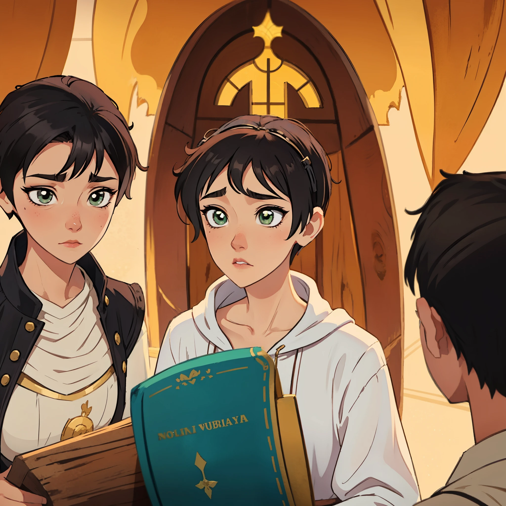 A beautiful woman with green eyes and brown hair is a sorceress Wizard dressed in white and gold robes Noble robes A princess of magic and a tired look ((gritando furiosa)), is rubber. ((Enrojecida)) dramatic wooden wallpaper An art for an RPG A medieval art for an RPG