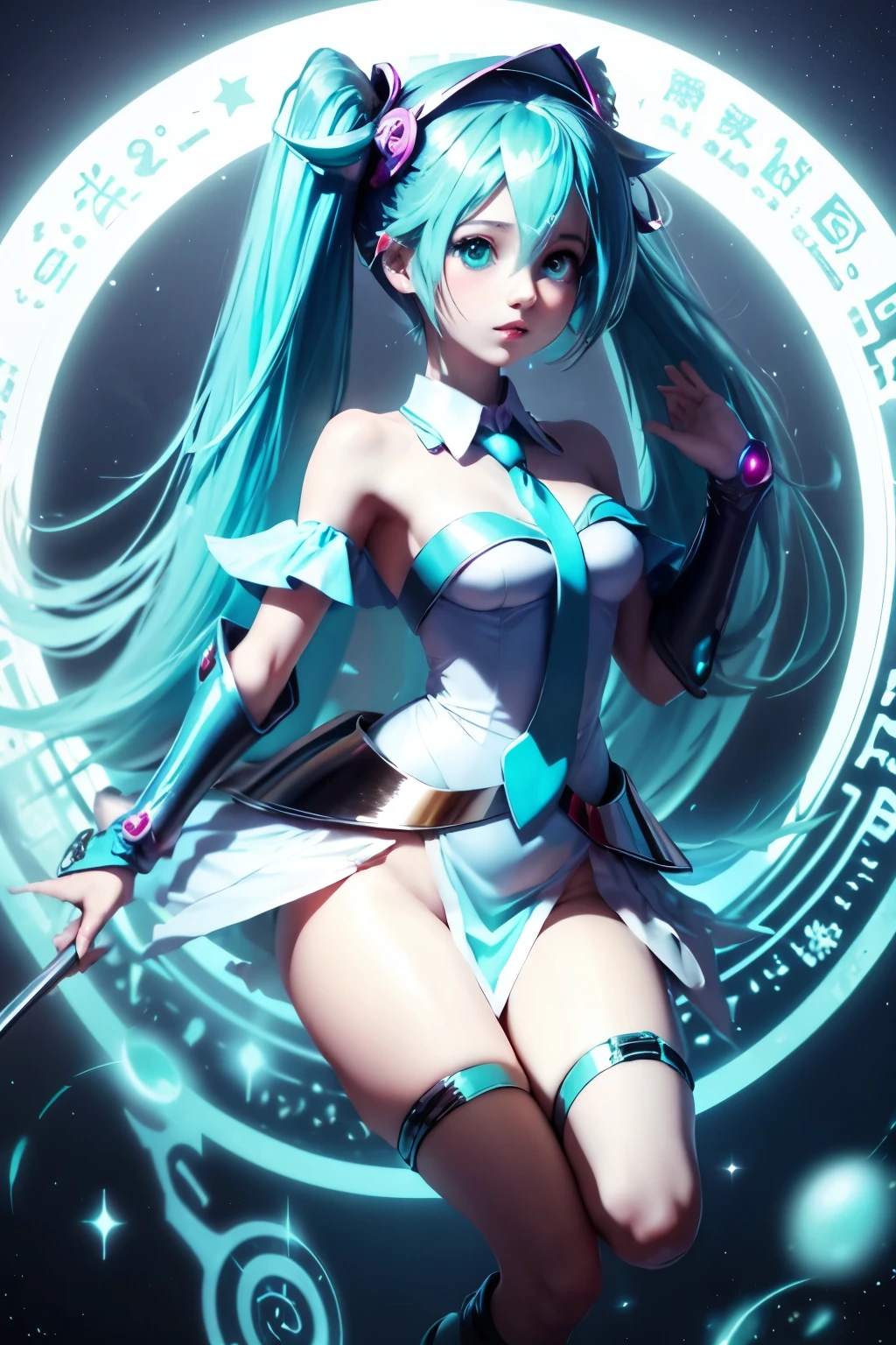 Hatsune Miku disfrazada de dark magician gils. Pose sexy y sensual 