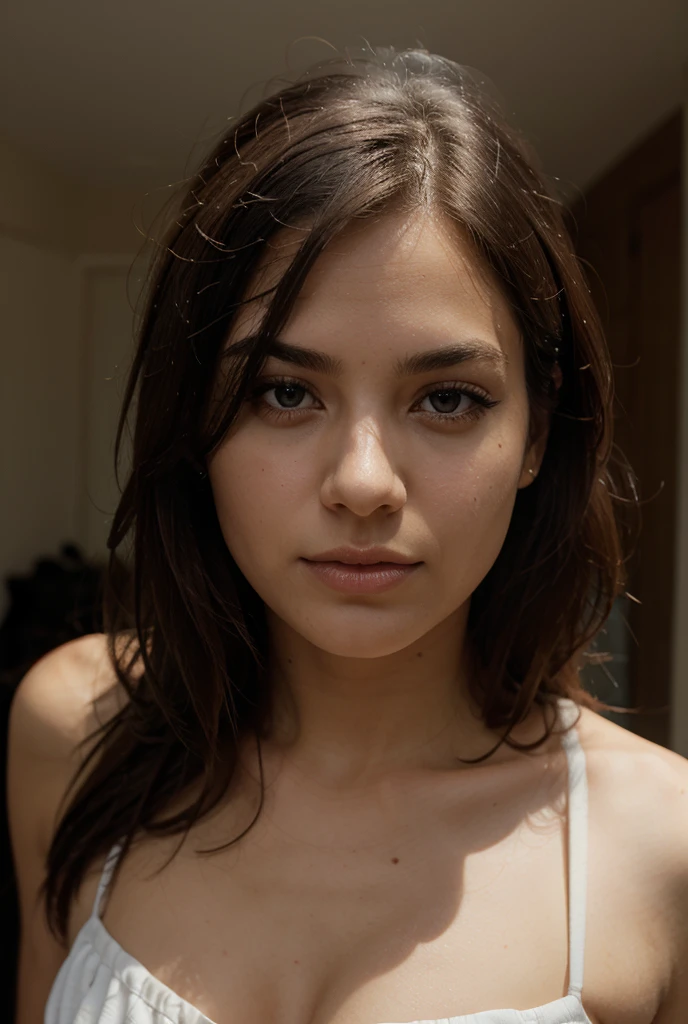 European, black hair, white tank top, very detailed, 22 ans, Confident face, long straight hair, yeux verts, high resolution, head of&#39;artwork, best quality, intricate details, very detailed, sharpness, detailed skin, realistice Hauttextur, texture, detailed eyes, professionnel, 4K, charming smile, prise avec Canon, 85 millimeters, Slight depth of field, Kodak Vision Color, corps parfaitement ajusté, extremely detailed, Photo_\(ultra\), fotorealistic, realistic, post-traitement, maximum details, roughness, real life, ultrarealistic, Photorealism, Photography, 8k uh, Photography 