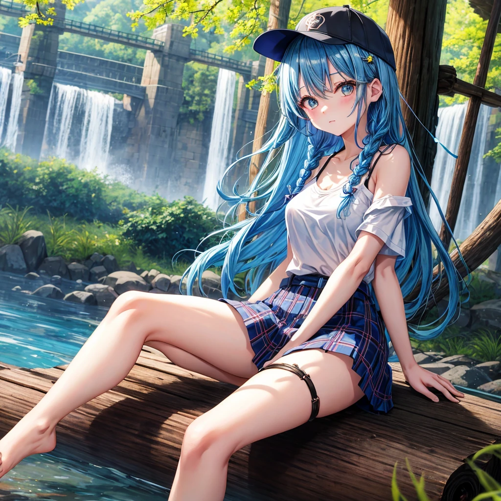 Blue hair、blue eyess、Braids、one good looking girl、独奏、animesque、Plaid miniskirt、Black T-shirt、camisole、the woods、Sunlight、Wearing a plaid baseball cap、bare-legged、Tilting your face、Walking、Crossing a log bridge while keeping balance、Doing the ribbon