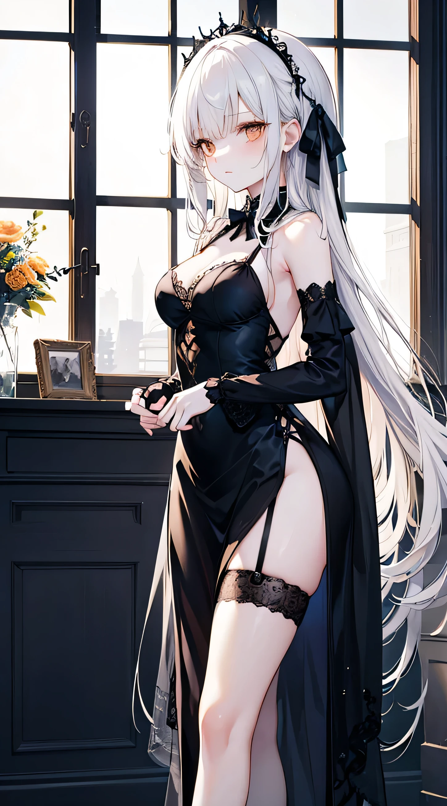 anime: style image of a woman wearing a navel corset dress in dress, cute anime waifu with a nice dress add_detail:1, seductive anime girl, , cushart krenz art key women, from the video game azur lane, Azure Lane Style, anime girl in a black dress, trend on artstation pixiv, red pupils add_detail:1, White hair, good figure add_detail:1, sitting on a french ledge add_detail:1, vist body asoleto, barefoot, beautiful feet add_detail:1, small breasts, lolita add_detail:1