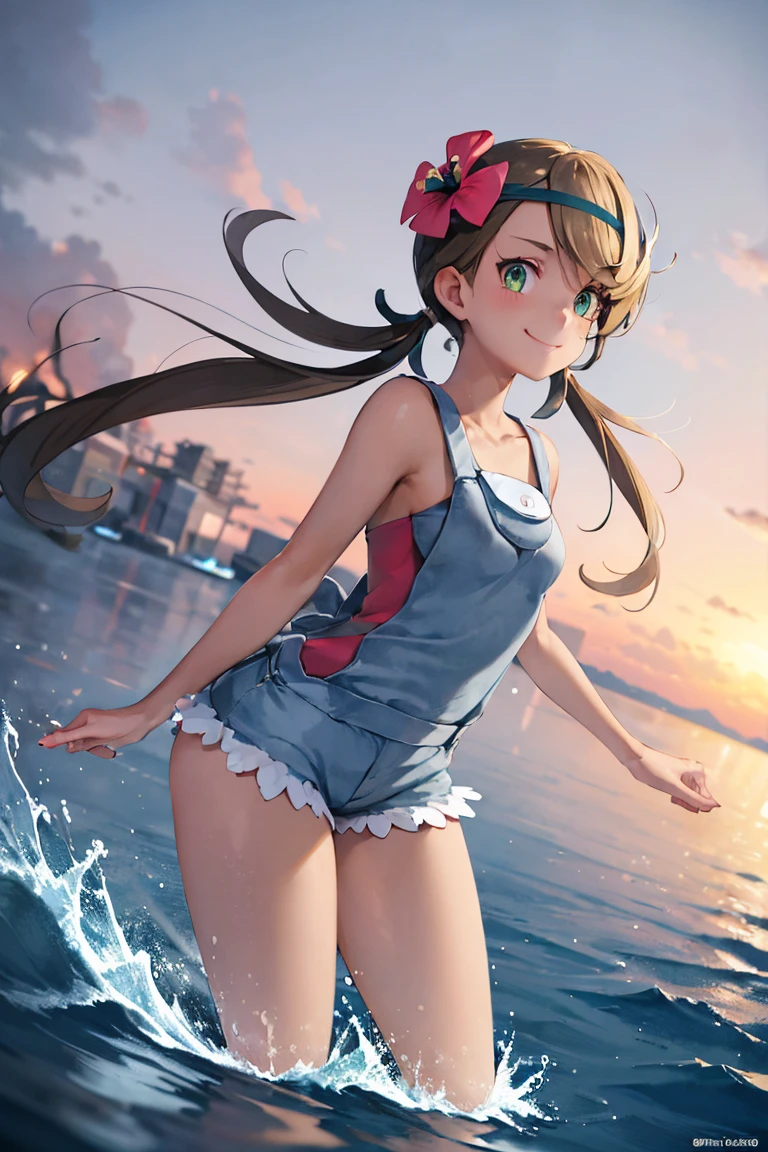 ((Masterpiece)), ((best quality)), (Anime:1.5), (RAW photo:1.2), (High Definition:1.3), (Professional Photography:1.3), ((12 years old)), 1girl, cute teenage girl, (naughty smile), (Glossy lips), upper body, (cute bikini top), (swept bangs), low ponytail, ((loose boxer shorts)), pale brown hair, small breast, cute hips, barefoot, BREAK, ((best quality)), (lens flare), (mist effect:1.3), ((kneeling on the beautiful shallow canal)), (sexy pose:1.4),