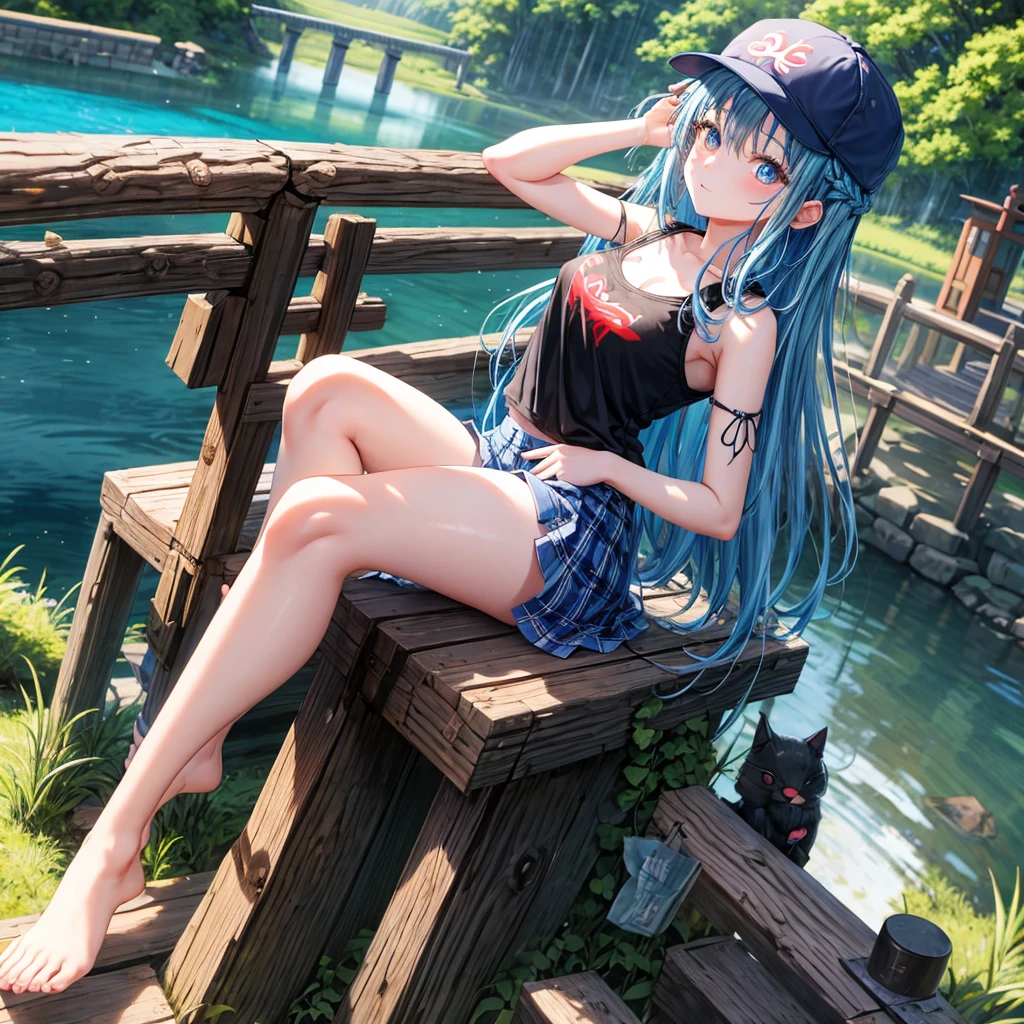 Blue hair、blue eyess、Braids、poneyTail、one good looking girl、独奏、animesque、Plaid miniskirt、Black T-shirt、camisole、the woods、sitting on、Wearing a plaid baseball cap、bare-legged、Tilting your face、log bridge、Doing the ribbon、have a twig、falls、Blue Topaz、Sunset sky、Wearing headphones、spirals、Eyes closed