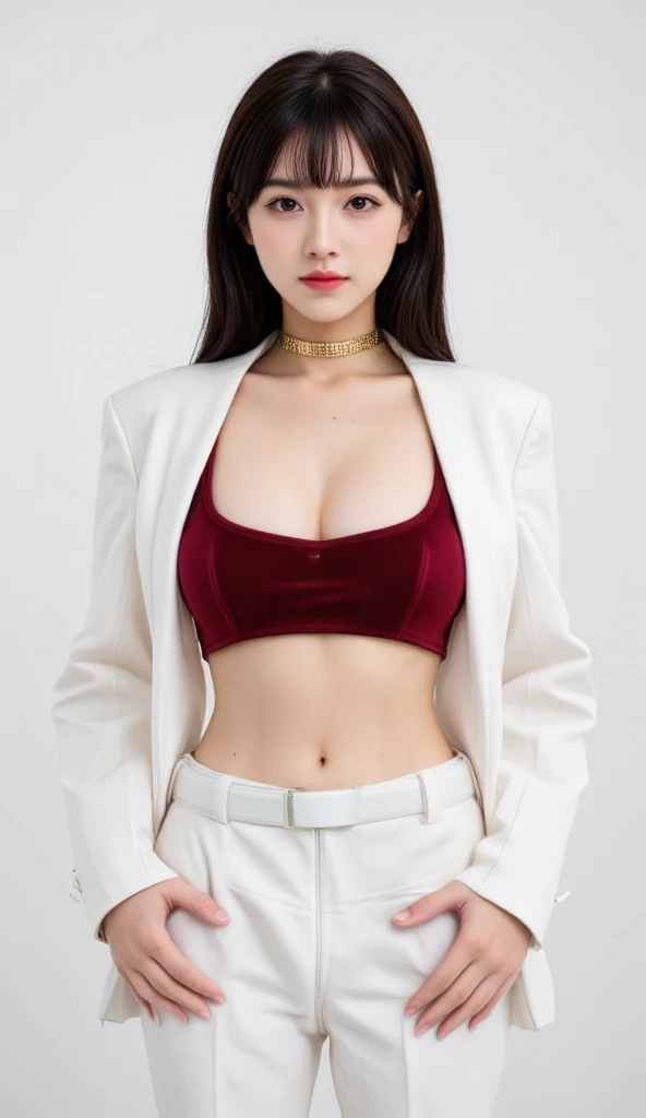 "Top CG, highest quality, masterpiece, delicate and delicate beautiful girl, ((185cm big beauty)), (tall figure), royal sister, queen temperament, fair skin, exposed chest, long legs, perfect facial features, bright eyes, red lips, beautiful and cold, ((big breasts)), beautiful and handsome, black hair, sparkling, see-through visible skin, {{girl in white tights}}, super detailed, (with blue and red stripes on clothes)), delicate glowing eyes, Crop top, white leather coat, tight leather coat, 4K quality, urban beauty, modern urban, realistic portrait,ULTRA HUGE BREASTS: 1.2, ((BIG BREASTS: 1.2),