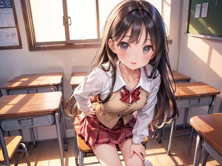 NSFW,Minami Kotori、Brown Hair、(Brown eyes:1.5)、One side up、ヘアribbon、ribbon、Long Hair、Blue Skirt、Otonokizaka Academy uniform、Pleated skirt、、(Perfect hands),(Perfect Anatomy),(masterpiece),(Highest quality),School,Embarrassed,blush