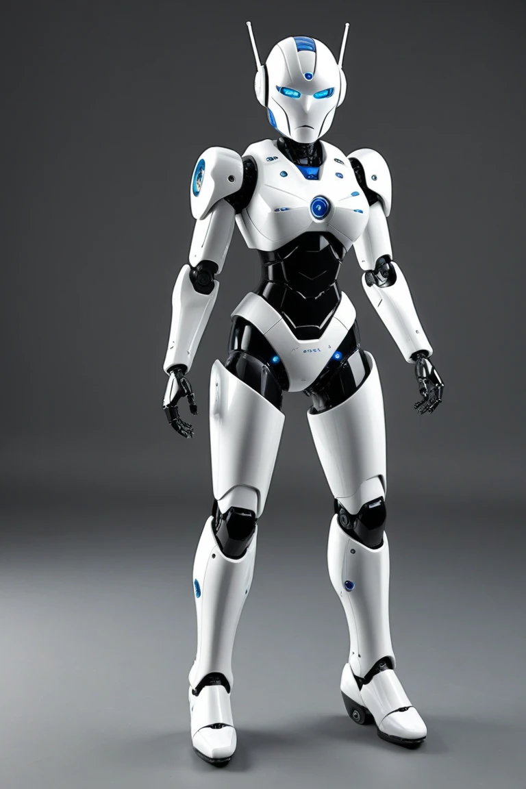 arafed robot with a blue light on his chest and a black background, in white futuristic armor, Mecha suit, echo from overwatch, Futuristic robot body, full body mecha suit, sci - fi character, futuristic robotic, ferra white mecha, symetry! futuristic robotic, mech body, humanoid character, Mecha Inspiration, mech robot futuristic