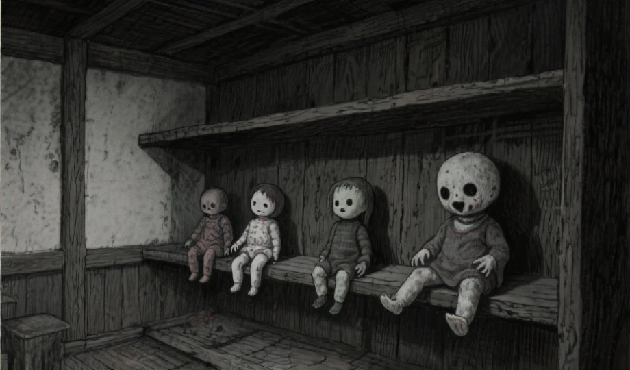 darkroom, ceiling, creepy doll hanging from the ceiling, Weird atmosphere, Dim Lights, Ominous shadow, Haunted atmosphere, vintage decor, Dusty air, Flickering candles, chilling silence, Spooky existence, Cracked walls, Rotting Floor, Tattered curtains, Mysterious atmosphere, Abandoned toys, net, Broken furniture, Ghost Whisper, forgotten secrets, Creepy feeling