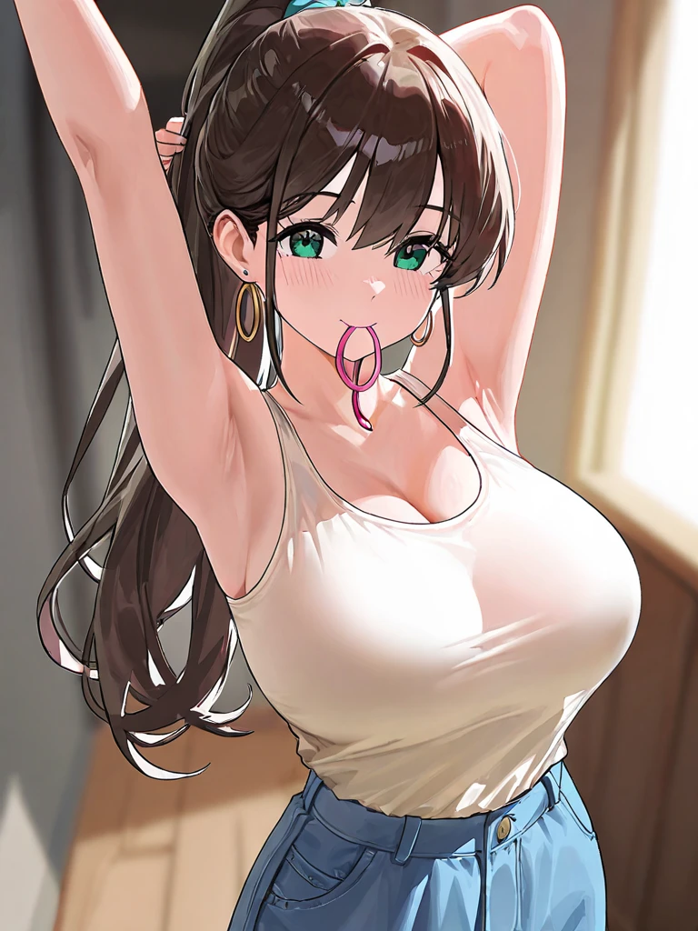 ((Tabletop, Highest quality, High resolution, , Pixel Perfect, 4K,))), 1 female, 、The whole body is visible、 ((Long Wavy Hair, bangs, Brown Hair)), ((Brown eyes, Beautiful eyelashes, Realistic eyes)), ((Detailed face, Blushing:1.2)), ((Smooth texture:0.75, Realistic texture:0.65, Realistic:1.1, Anime CG Style)), Medium sized breasts, Dynamic Angle, Perfect body, (( , , White camisole、No bra、、 Tight jeans pants、Take off your pants below your knees、、、)), Gold Hair Ornament、Cross Necklace、、Very embarrassing panic smile, 、、、、、Leaning forward、Nipples are slightly visible、Sideboob、、Place both hands on the wall and stretch your arms out、Stick your butt out、Luxury apartment kitchen、、、、、、 、)、