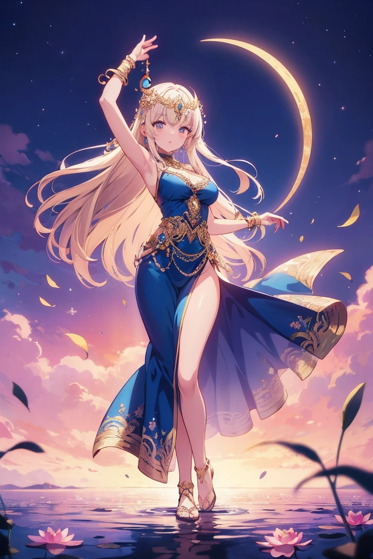 Evelina, a 50-meter-tall deity, emerges from her dawn-lit cavern. Her glowing golden skin and fiery wavy hair fall over her shoulders. Standing on a plain, her majestic and seductive posture features one leg forward and one hand on her hip. Her piercing gaze and suggestive smile mesmerize the humans at her feet, while her perfect body exudes an aura of divine eroticism.