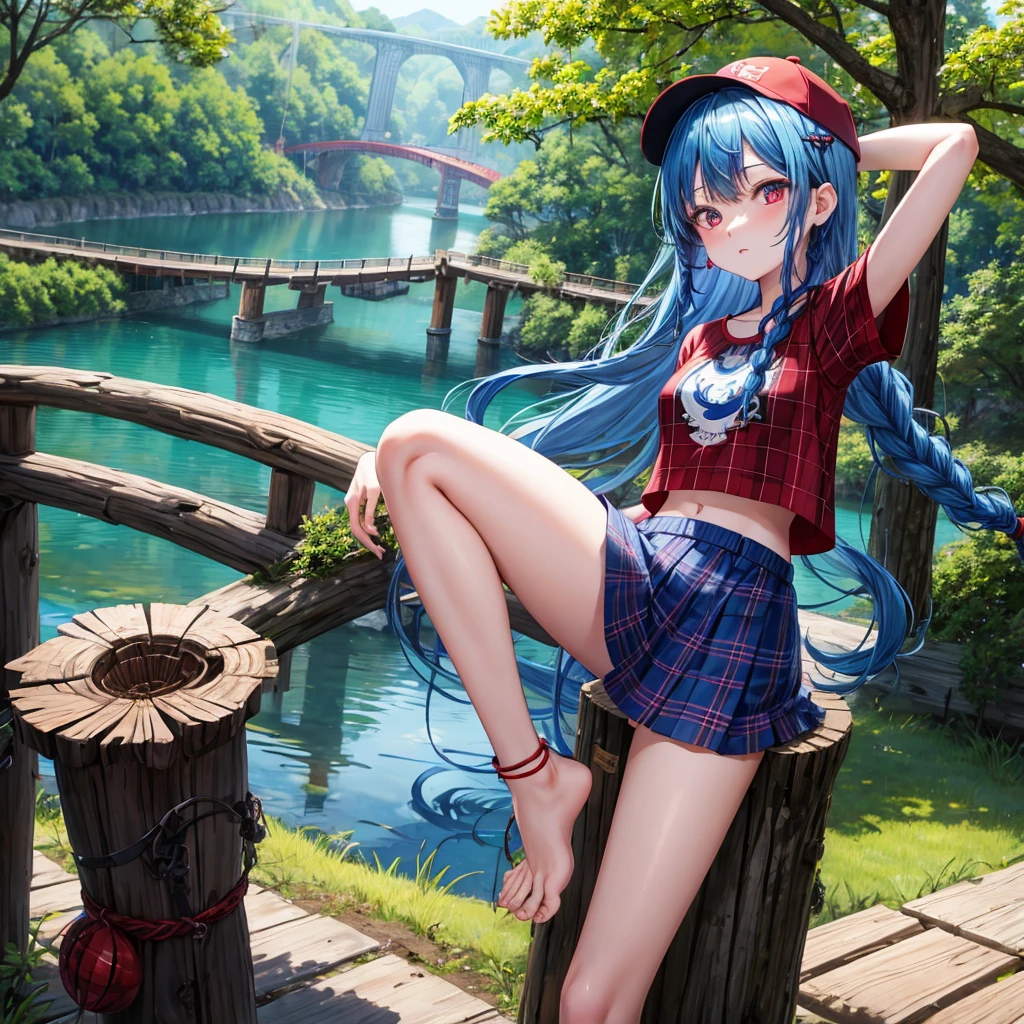 blue hair、Red-blonde、blue eyes、Braid、one good looking girl、solo、anime、Plaid miniskirt、camisole、black t-shirt、Tilting your face、Doing the ribbon、Ribbon at waist、sunset sky、stone stairs、petal、tunnel、Fallen leaves、wearing glasses、waterfall、paper airplane、Pushing a bicycle、Burning