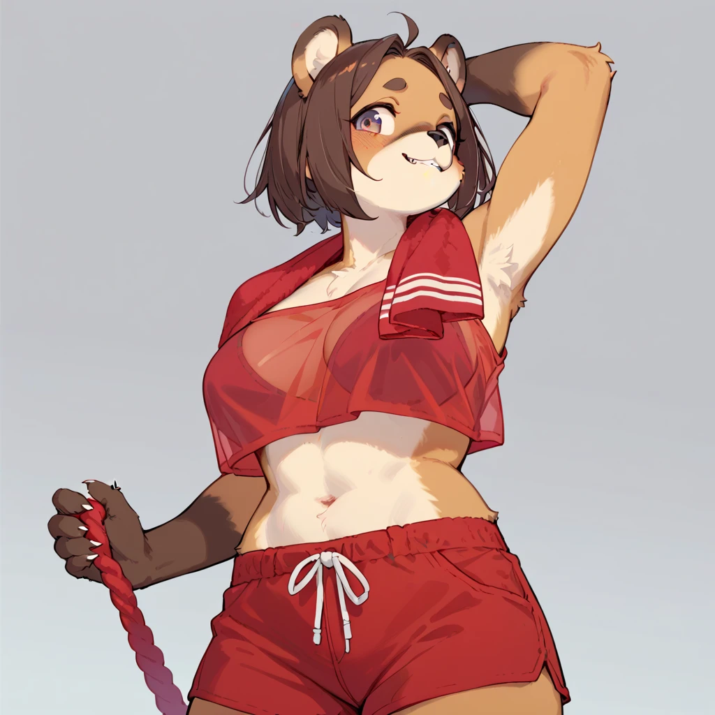 ((SFW)) ((18, cute, furry, Australian Shepherd dog boy femboy wearing a red sleeveless turtleneck leotard with a large bulge, black beanie, and black and red striped thigh-high socks, best quality)) ((hands behind head))