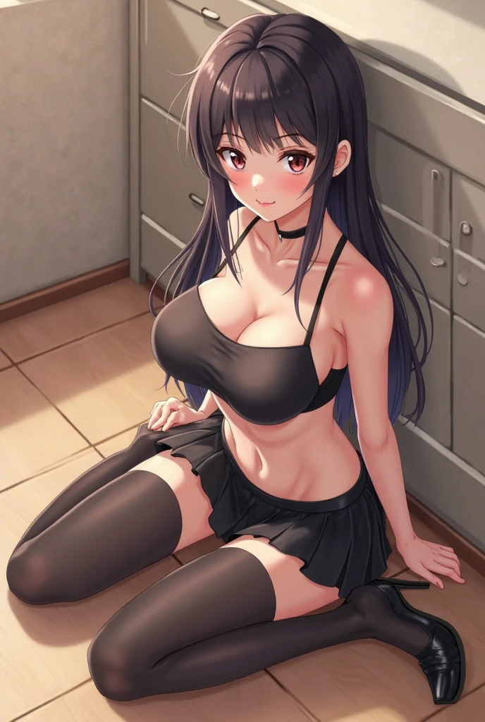 ((masutepiece, Best Quality, hight resolution, nffsw, Perfect Pixel, depth of fields, 4K, )), 1girl in, Solo, , Beautiful anime girl, Beautiful Art Style,
squatting:1.3, hands behind head:1.4, living room background,
Perfect body, grin smile face:1.4, front facing:1.4, full body:1.5, half close eyes,
yukinoshita yukino, twintails long hair, black hair, large breasts, Full face blush, black lingerie, black stockings,
straight on:1.3, medium shot