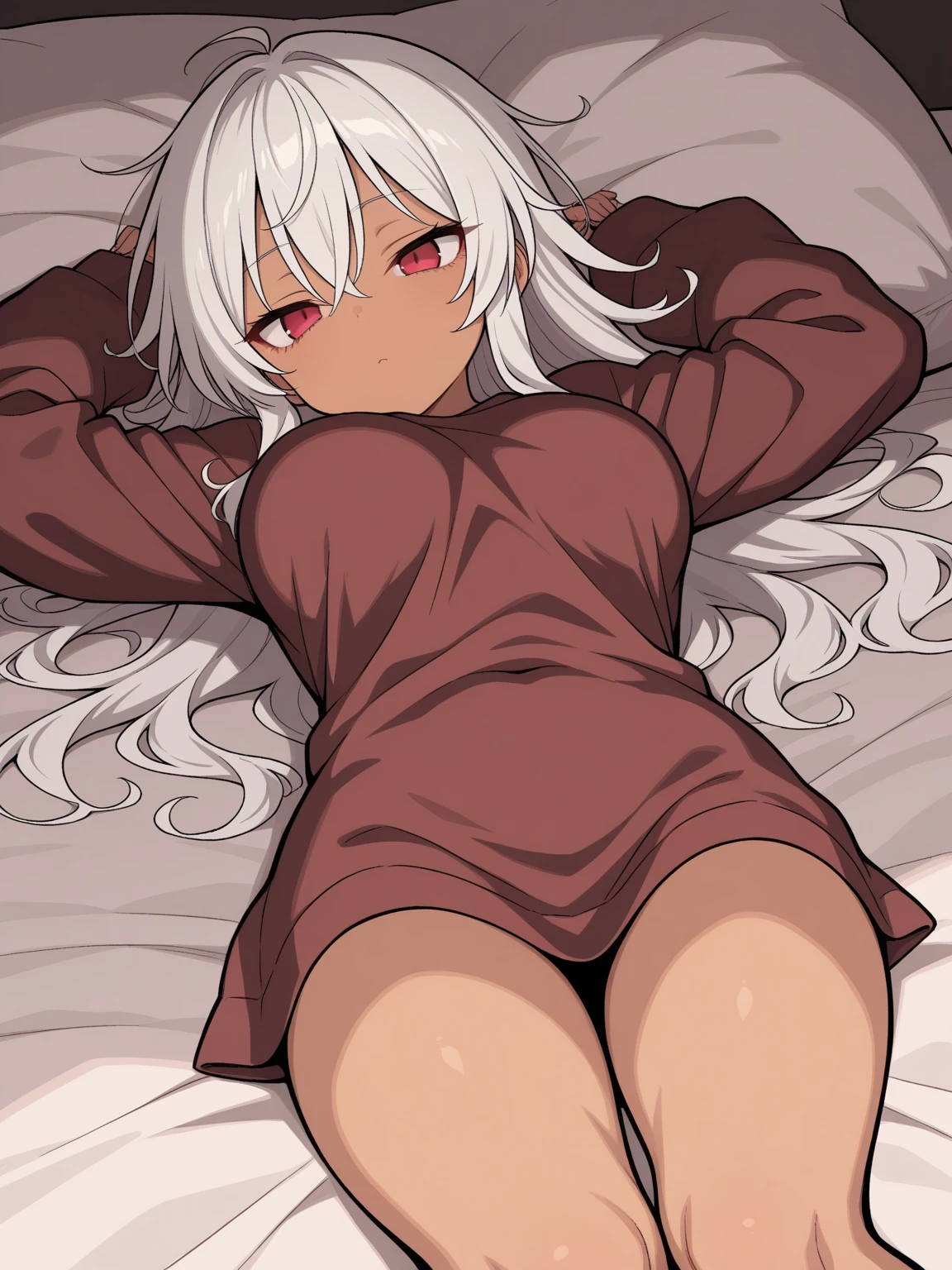 1girl, cat girl, cat ears, (dark brown skin:1.4), (loli:1.4), petite, (completely nude:1.2), oiled skin, (spread legs, lying:1.2), indoors, living room, collarbone, white hair, simple details, hips, sharp, best quality, masterpiece,