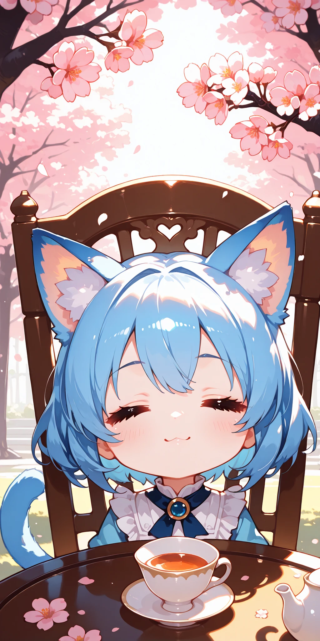 masterpiece, ultra detailed, best quality, chibi animal girl, blue cat ears, solo character, one girl only, no other characters, large eyes, large head, =w= face, closed eyes, blue cat tail, cherry blossoms, hanami, soft lighting, close-up portrait, tea cup, sitting on a chair, park