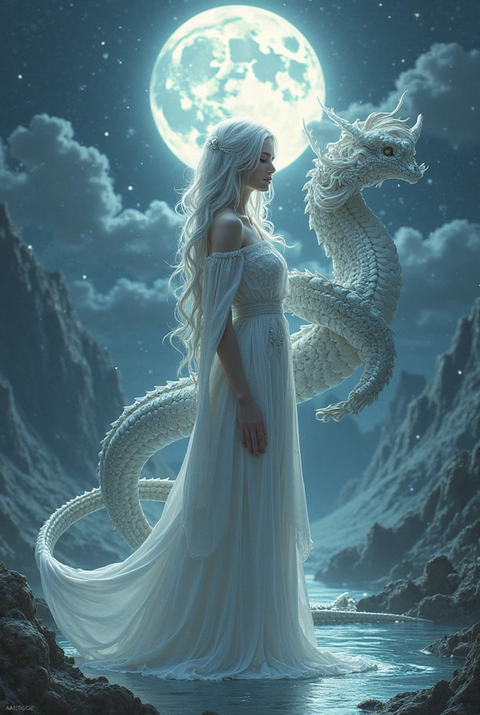 A beautiful girl in white clothes, long white hair and a giant white dragon on the side.