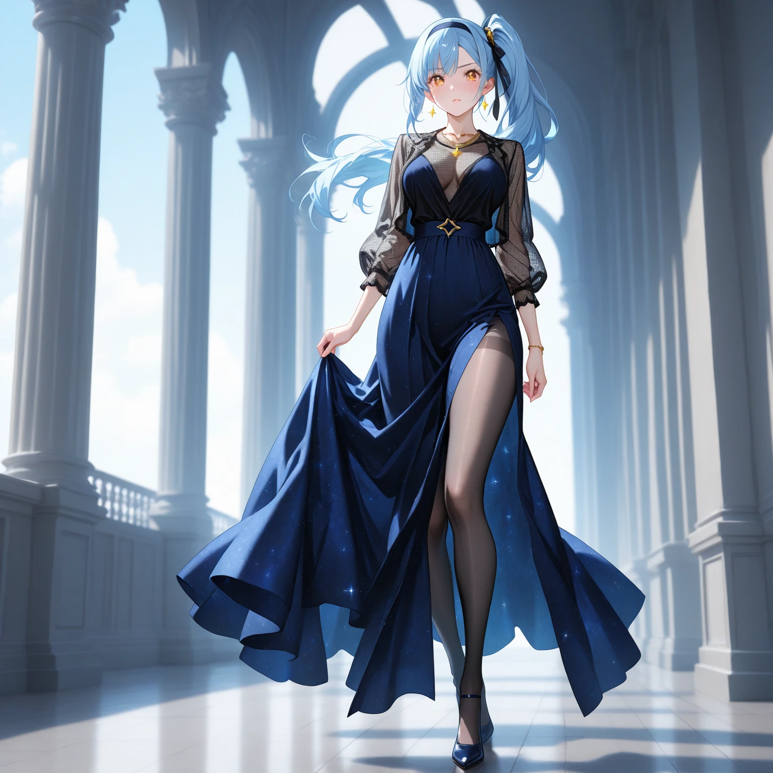masterpiece. best quality. A woman in a  blue long dress. blue eyes. She has silver hair. She is smiling. She is dancing at the ballroom of Palace. full-body. realistic hands. detailed hands.