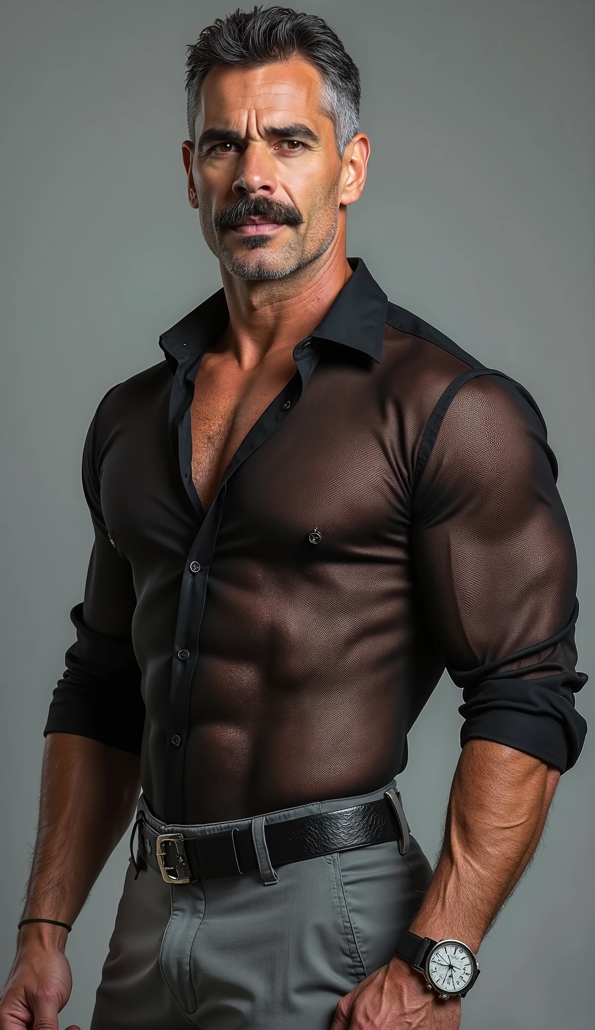 Remove the blouse and add muscles to the image.