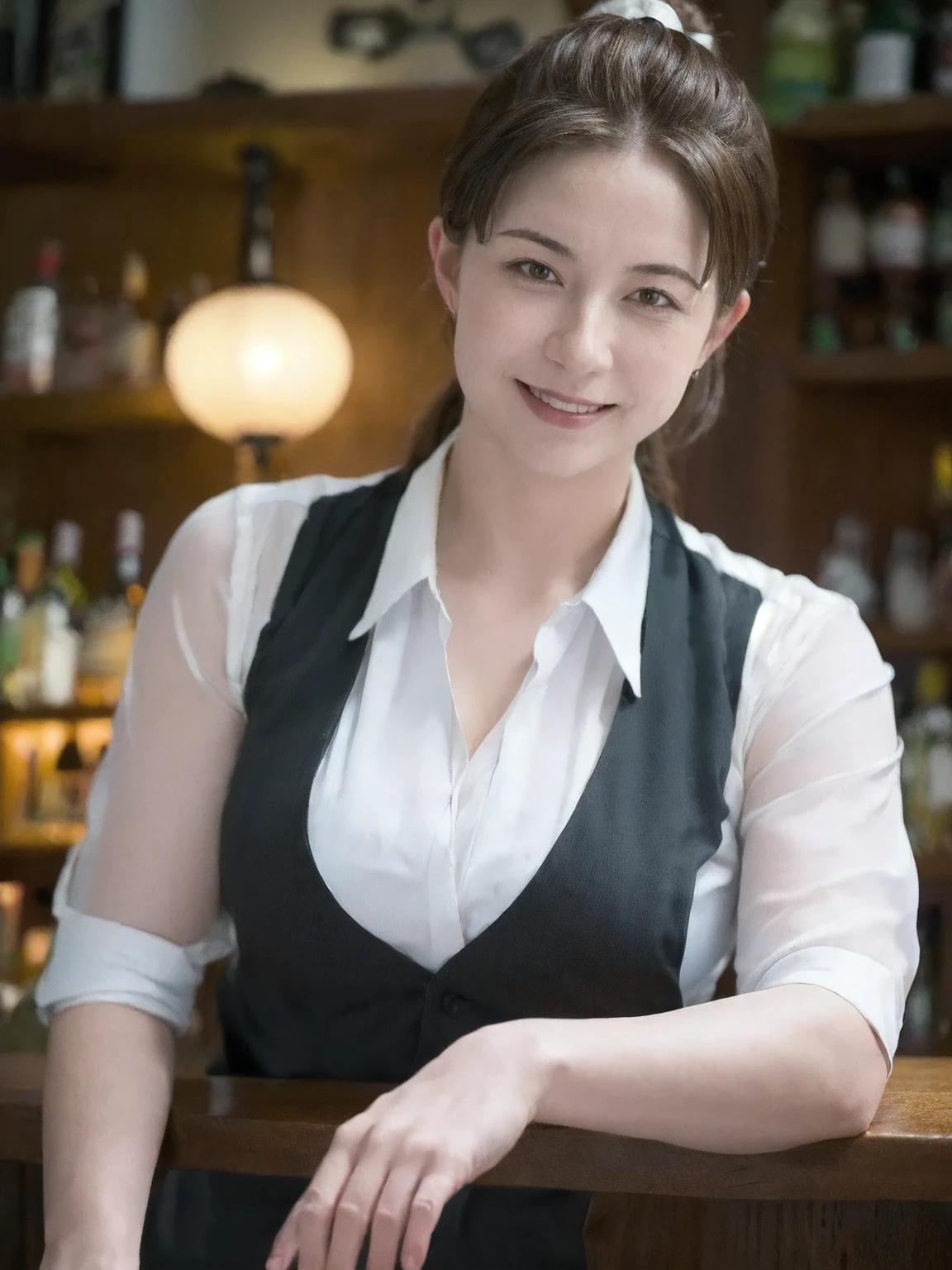 NSFW, 1 milf, ((45 years old)), (bar bartender:1.2), (Commer Best:1.2), BREAK (Black Commer Vest:1.6), (small breasts:1.2), (no good), cleavage, (sexy chest:1.2), wrinkles on the face, BREAK wrinkles at the corners of the eyes, BREAK Long hair up hairstyle, Friendly and approachable expressions, BREAK (making cocktails:1.3), BREAK Chic and calm bar background, dim lights, And a lively atmosphere, Chic dim lighting, (Serving customers with a smile:1.2), (Focus on the customer diagonally to the left:1.2), close up shot, Capture the dynamic and sociable nature of the bar environment, nice hands, perfect hands, 8K, highest quality, realistic style.