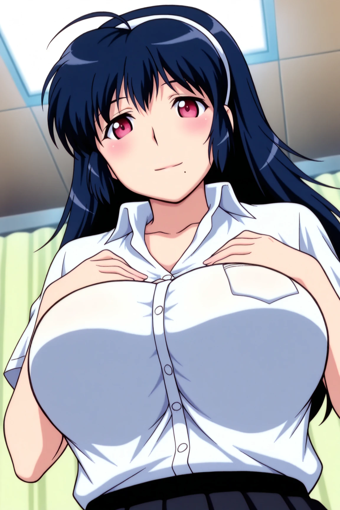 (masterpiece, best quality:1.2), cowboy shot, solo, 1girl, nana iida, smile, closed mouth, looking at viewer, uniform, vest, necktie, blue skirt,gigantic breasts,pencil skirt,undress shirt,nipples,blush,sweat,steam,(1boy,breast sucking,sucking nipples:1.5),(lactation:1.4)