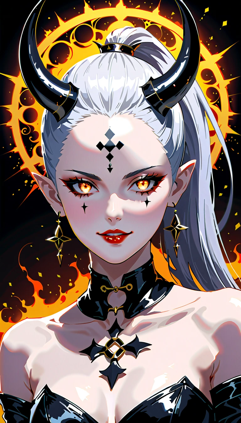 A female demon in the shape of flames,(White_hair:1.2),big hair,shiny hair,facepaint,(White skin:1.2),